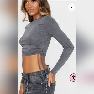 PrettyLittleThing Grey Jersey Ruched Side Long Sleeve Crop Top Size 2